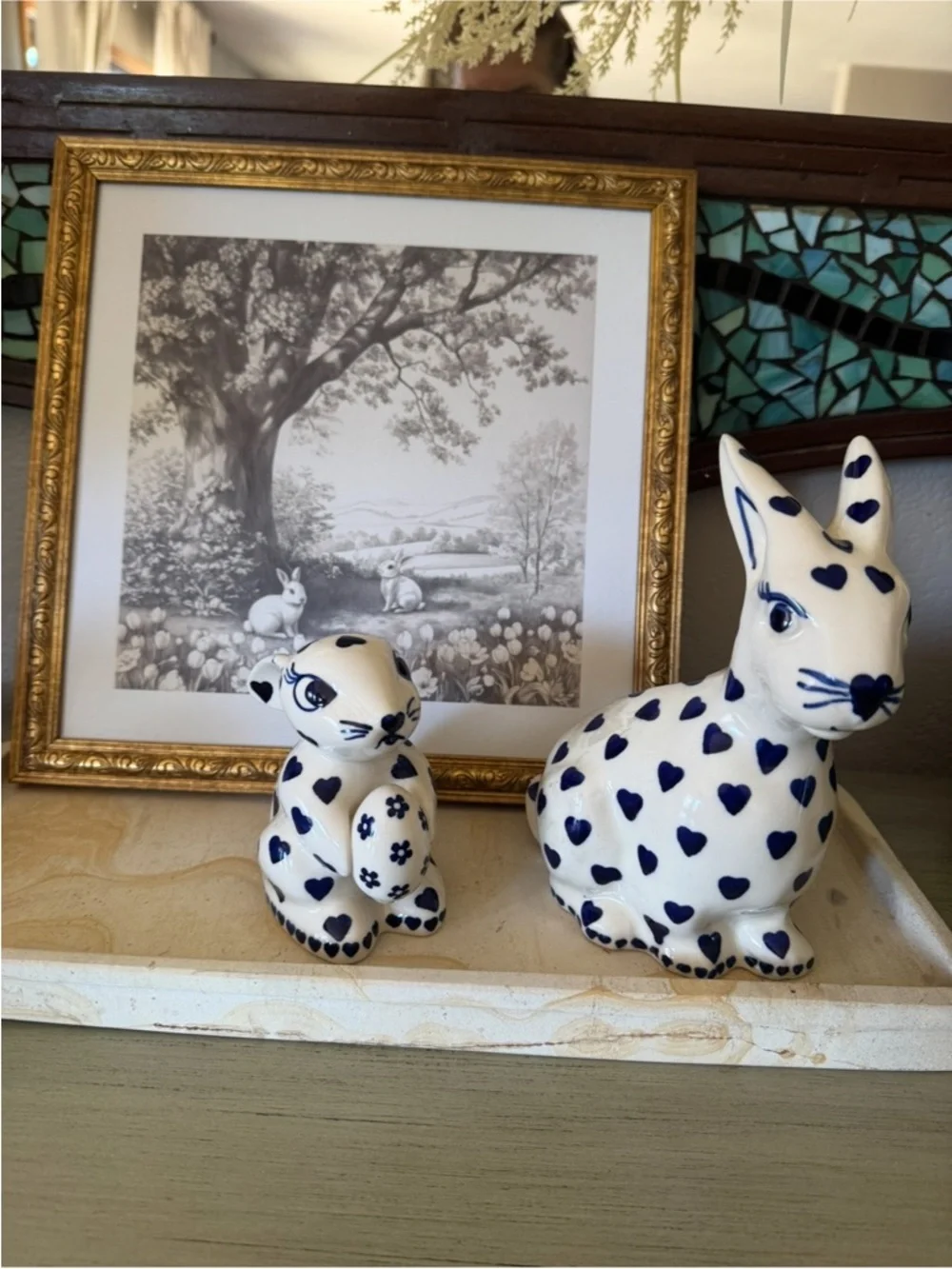 White Ceramic Bunny Figurines with Blue Heart Accents